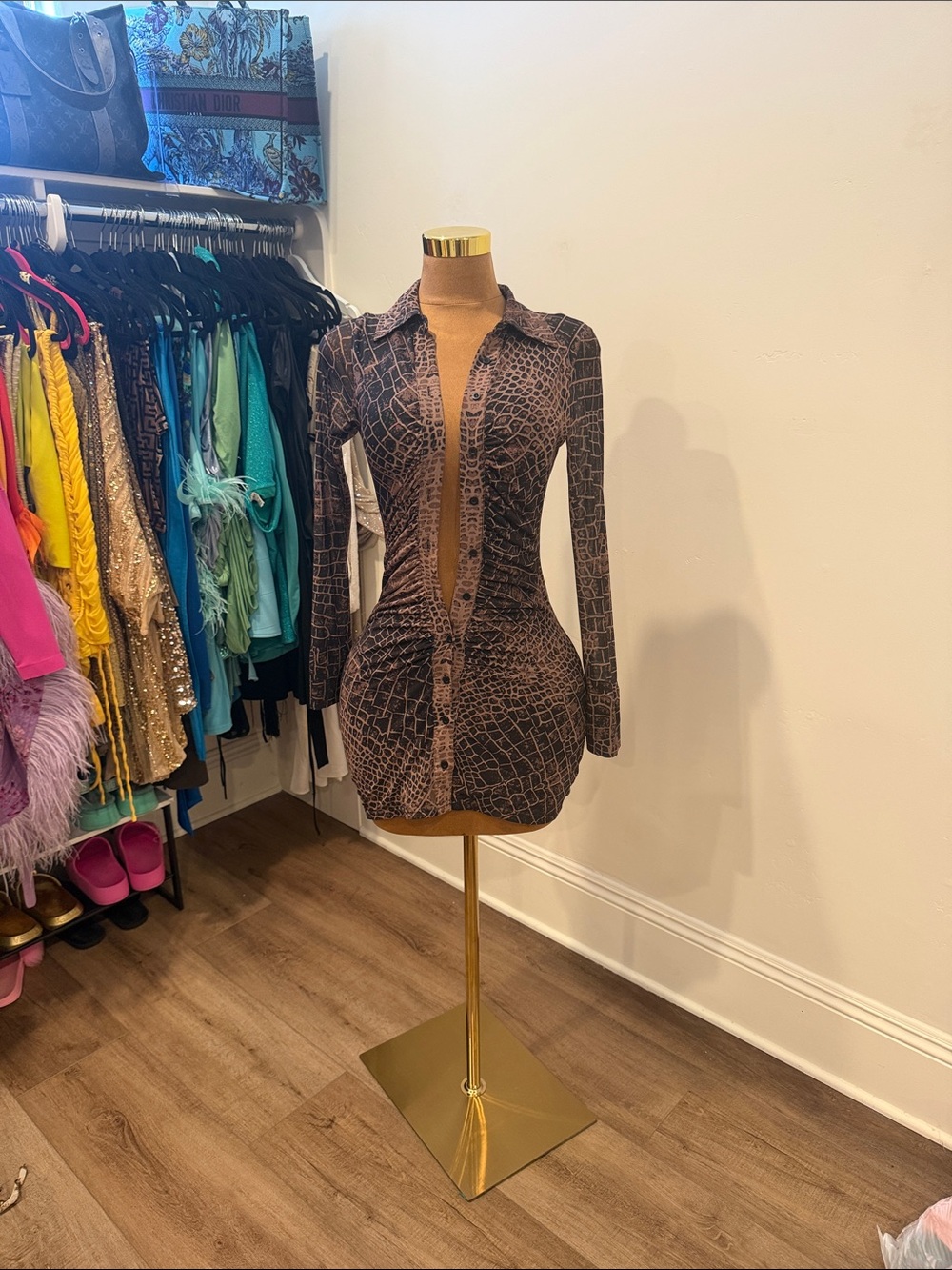 Fashion Nova Brown Croc-Print Mini Shirt Dress